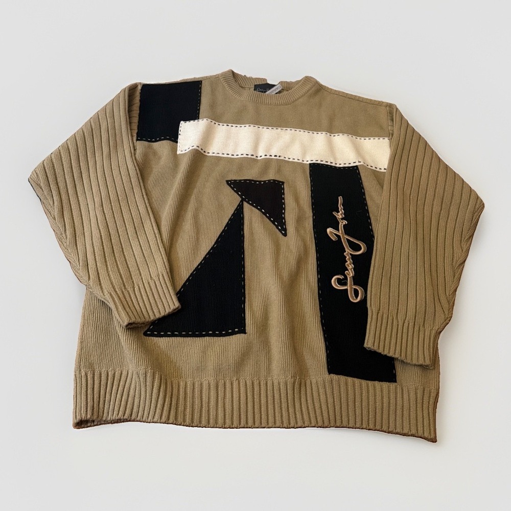 Sean John Y2K Sweater Mens 2XL Colorblock Knit Crewneck Beige Black Streetwear